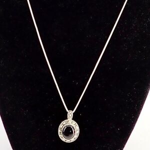 Sterling Silver Onyx Marcasite Pendant on .925 Italy Box Chain Necklace 18" VTG